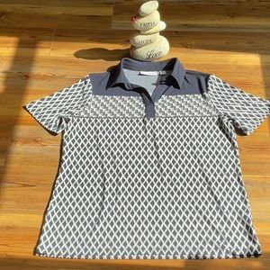 💖 Susan Graver white & blue geometric short sleeve shirt collar top